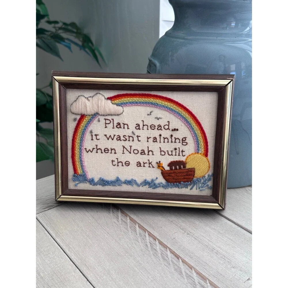 Vintage Handmade Framed Noah's Ark Embroidered Wall Art Rainbow Christian Decor
